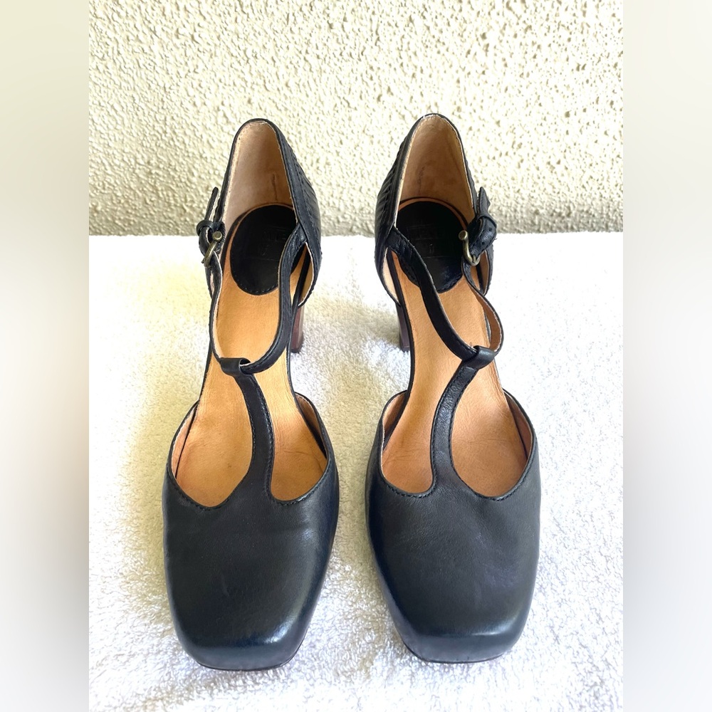 Frye Black T-Strap Leather Heels